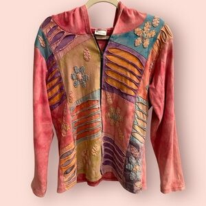 Vintage Patchwork Hoodie Earth Tone Boho Grunge Art Top Zip Front